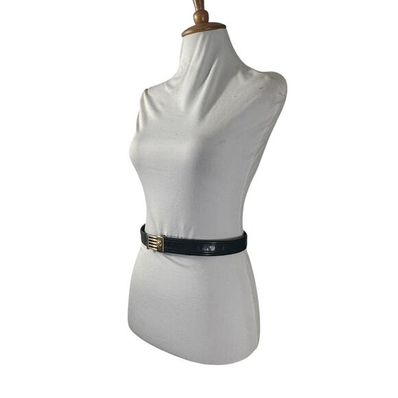 Vintage 1980s Anne Klein NAvy Blue Leather Belt with Lion Buckle S/M - Picture 5 of 7